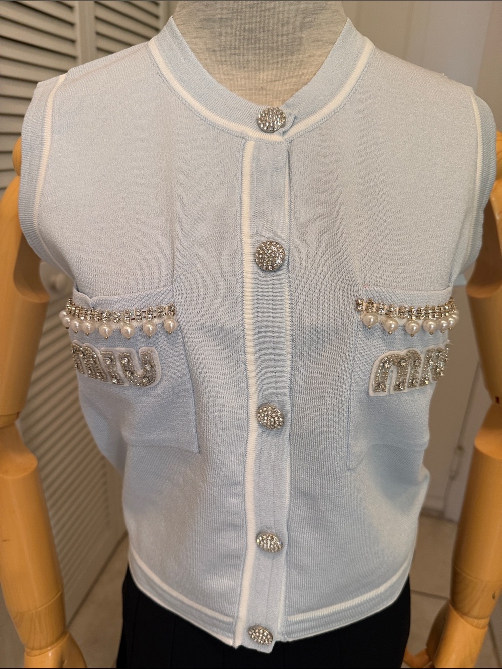 Miu Miu Pale Blue Sleeveless Knit Vest with Pearl & Crystal Trim